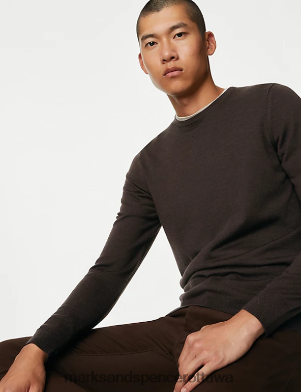 Pure Extra Fine Merino Wool Crew Neck Jumper Bitter Chocolate Marks & Spencer Clothing Men 0X40JL5331