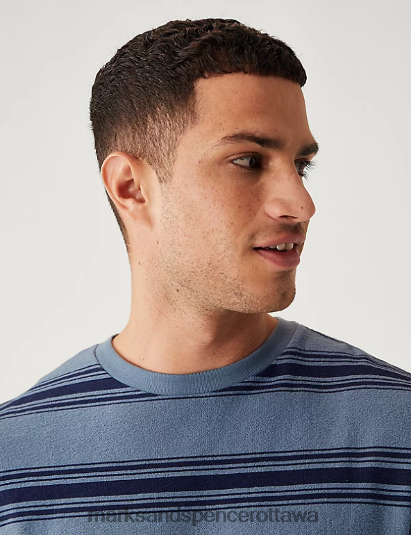 Relaxed Fit Pure Cotton Striped T-Shirt Navy Mix Marks & Spencer Clothing Men 0X40JL5324